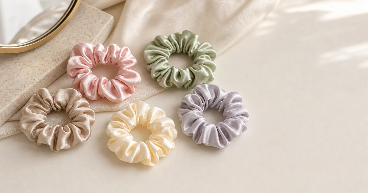 Cinq petits chouchous satin en tons rose vert beige jaune et gris sur tissu clair