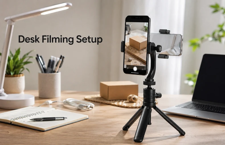 Guía de soporte trípode para smartphone en escritorio, videollamadas y fotos guide image
