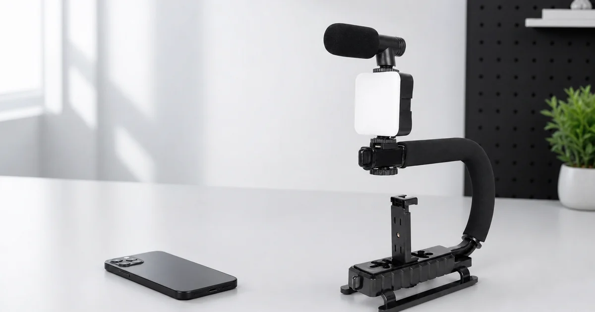 schwarzes Smartphone Vlogging Rig mit Phone Clamp und weissem LED Licht