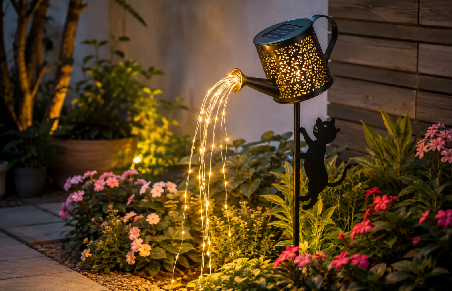 Guía de luz solar de jardín con regadera y silueta de gato guide image