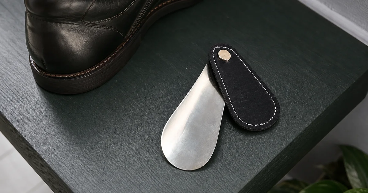 Un calzador plateado de acero inoxidable con mango negro forrado en cuero y cosido, junto a un zapato; se aprecia la pala curvada