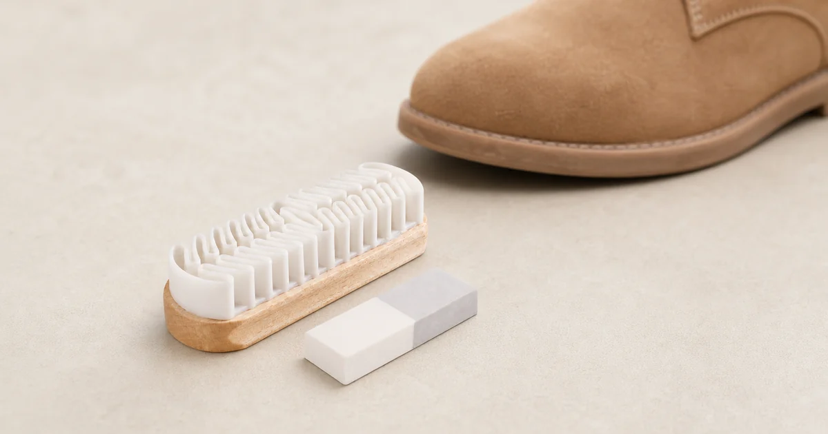suede and nubuck dry cleaning brush and eraser kit on a neutral shoe care surface