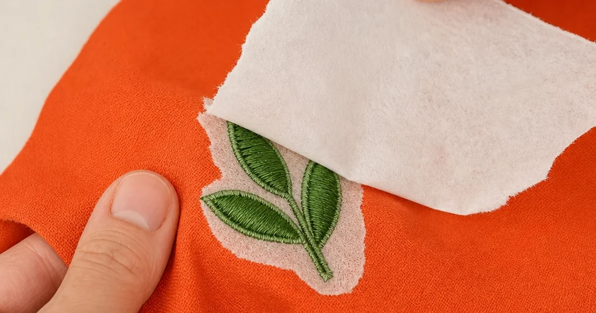 Hands removing white excess embroidery backing from a leaf design on orange fabric