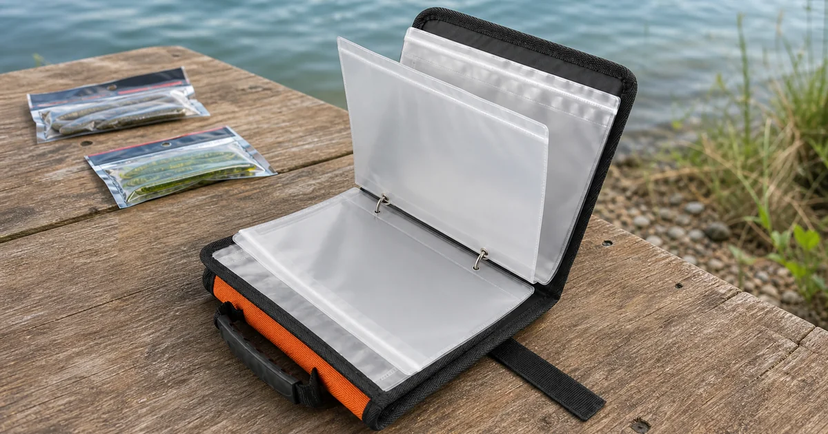 Estuche de pesca naranja y negro abierto con fundas transparentes vacías sobre una mesa junto al lago