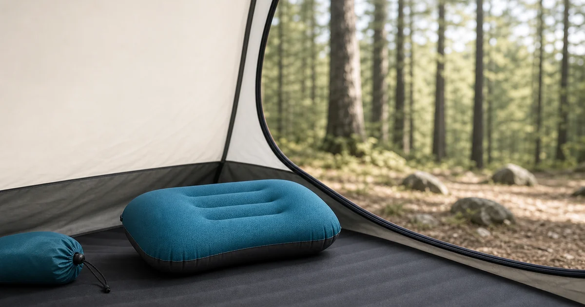 Teal ultralight inflatable camping pillow on a tent floor with packed pouch nearby