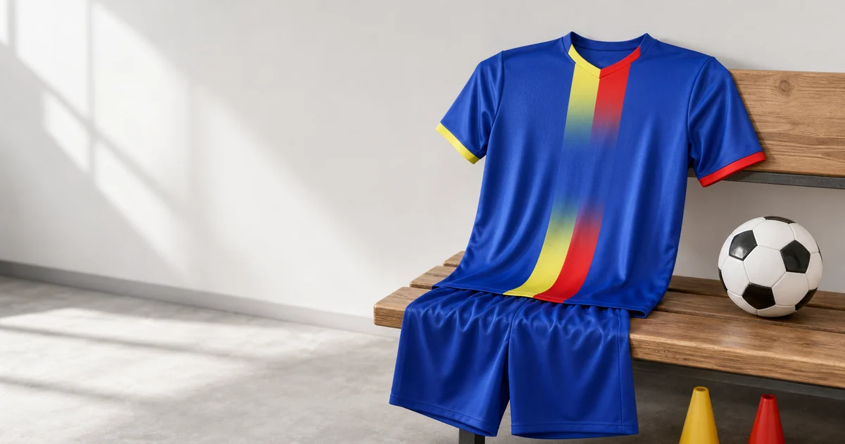 Unisex soccer jersey and shorts set with blue shorts, vertical gradient stripes and contrast sleeve cuffs