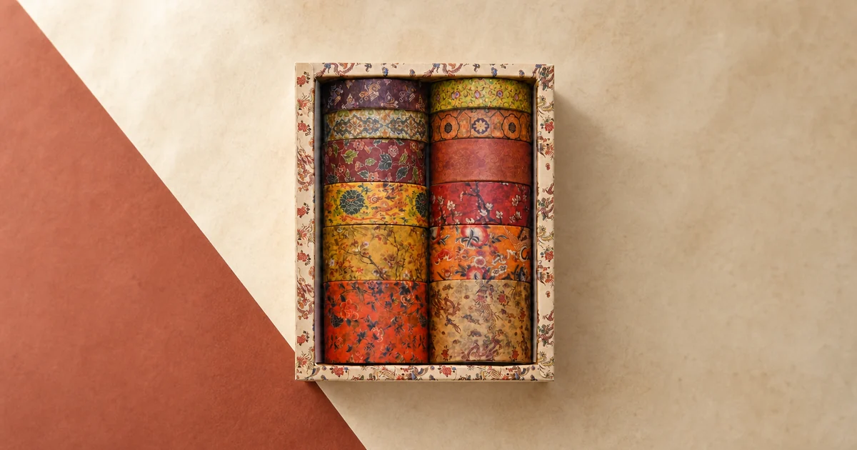 Una caja del Diseño 1 con doce rollos Songdoo de cinta washi de papel estampado vintage en dos columnas sobre una mesa de manualidades