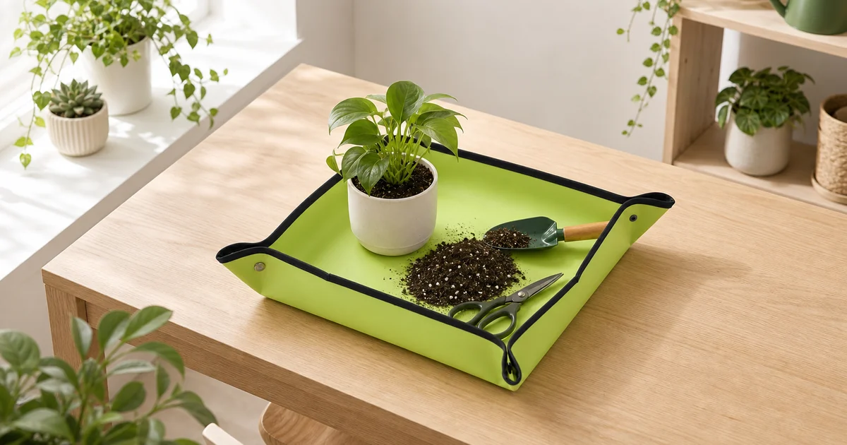 Wasserdichte 40 x 40 cm Umtopfmatte mit hochgeknöpften Ecken auf einem Tisch für Zimmerpflanzen