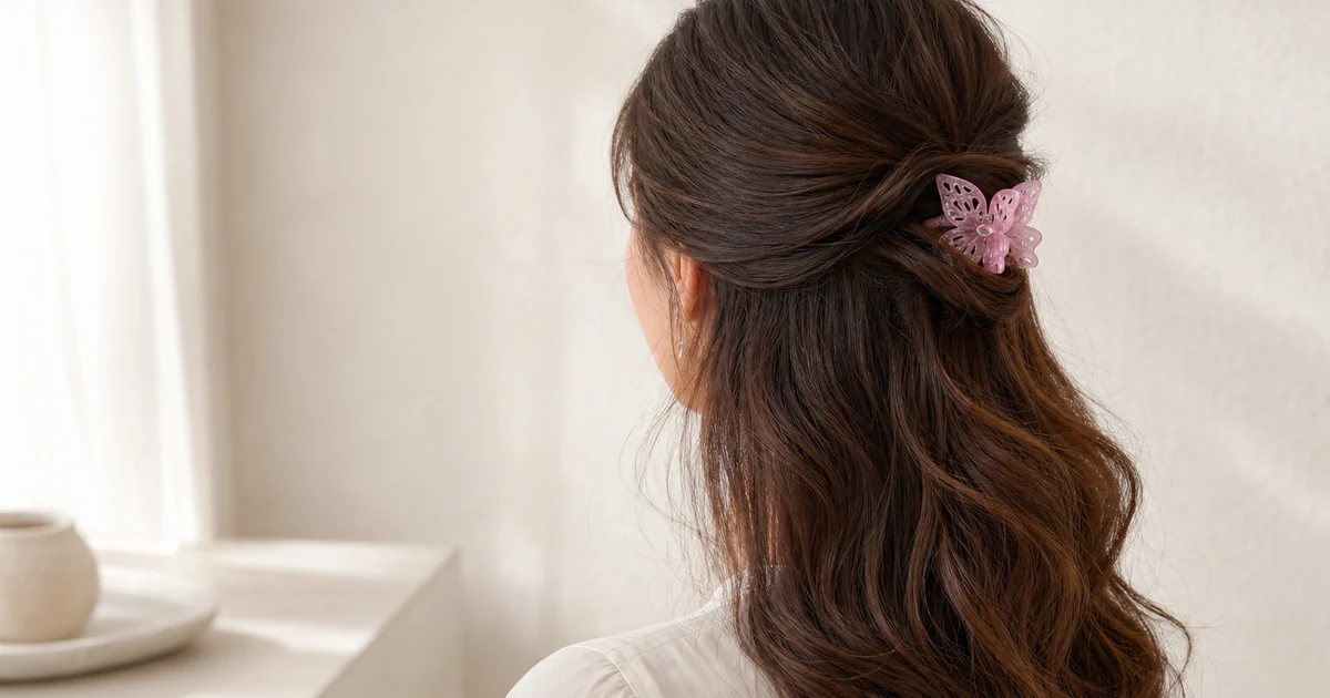 Pinza de pelo de acetato brillante con forma de mariposa, alas caladas, centro iridiscente, dientes curvos y bisagra con muelle
