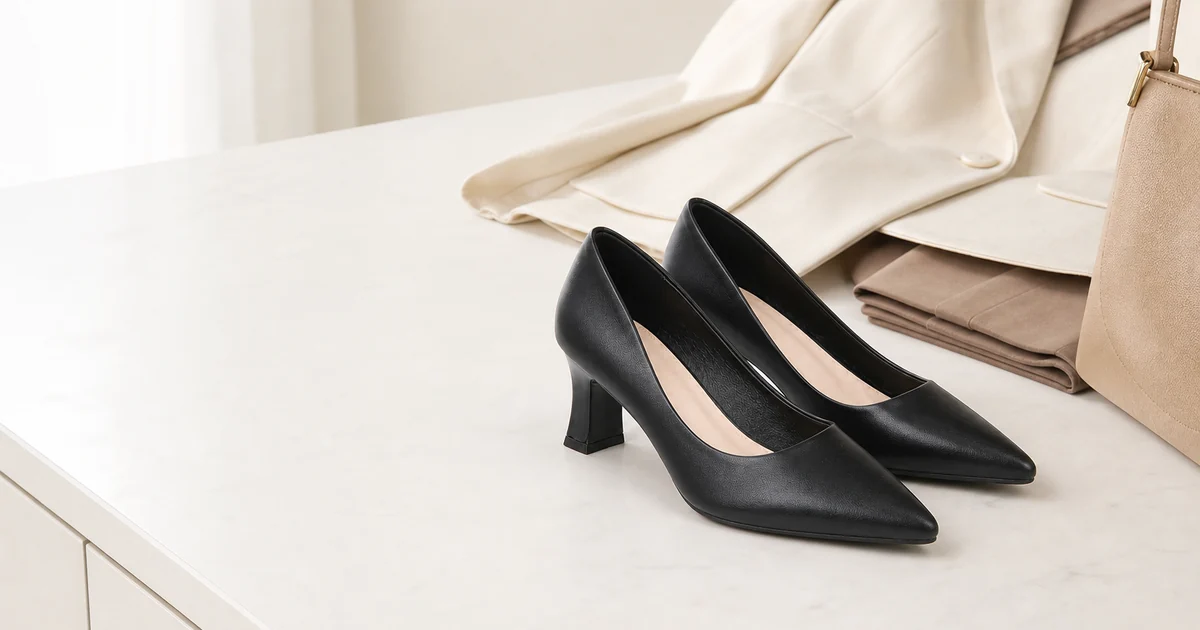 Black pointed-toe pumps with smooth PU upper, low-cut opening and 7.5 cm tapered block heel