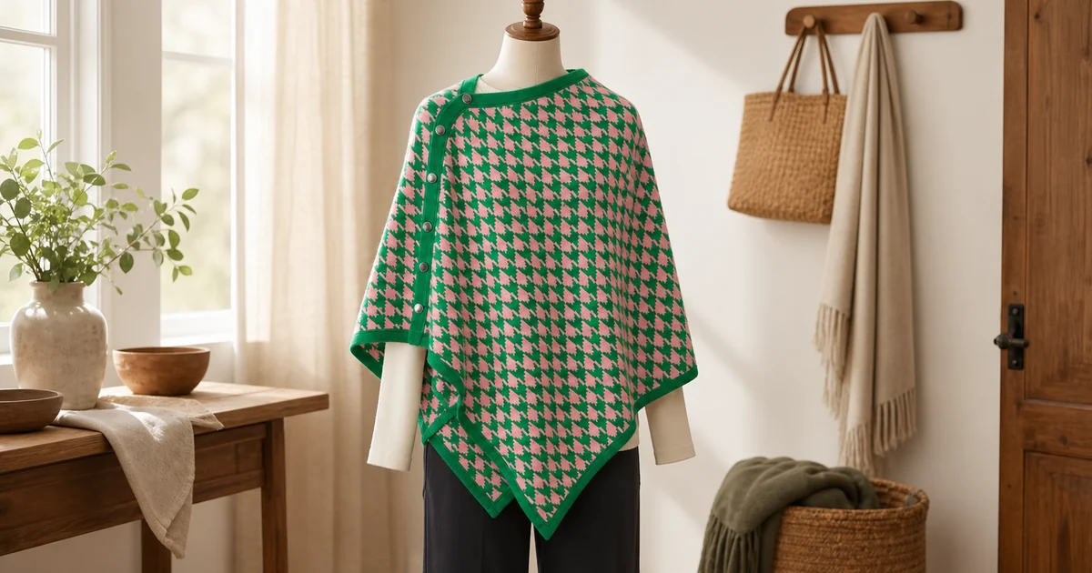 Poncho de punto acrilico a cuadros verde y rosa con botones y bajo en punta