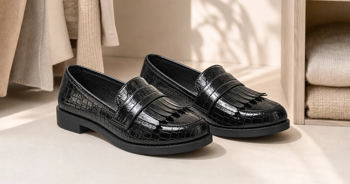 Glaenzender schwarzer Damen PU Loafer mit Fransen, Kroko-Struktur und niedrigem Blockabsatz