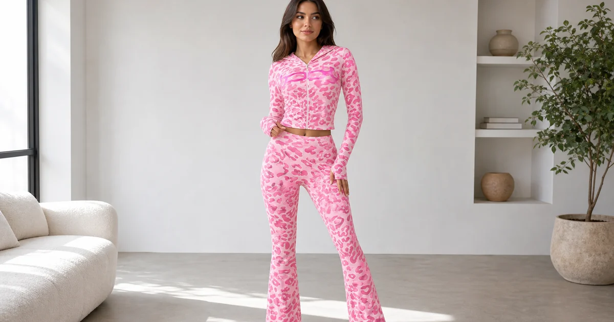 Conjunto estampado de hoodie con cremallera y pantalon flare con manga larga y bajos acampanados