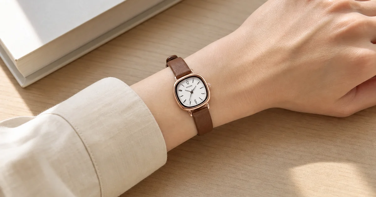 Reloj de cuarzo con caja cuadrada redondeada, esfera blanca y correa marrón de aspecto de cuero en una muñeca