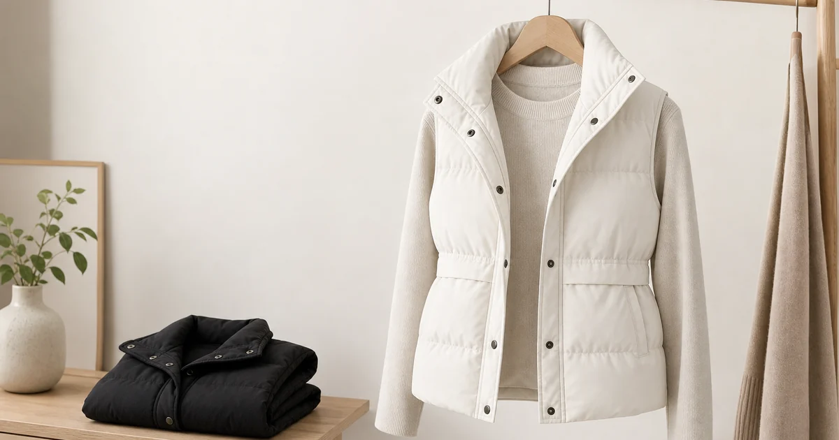 Chaleco puffer acolchado color Ivory sin mangas con cierre snap, cuello y bolsillos delanteros