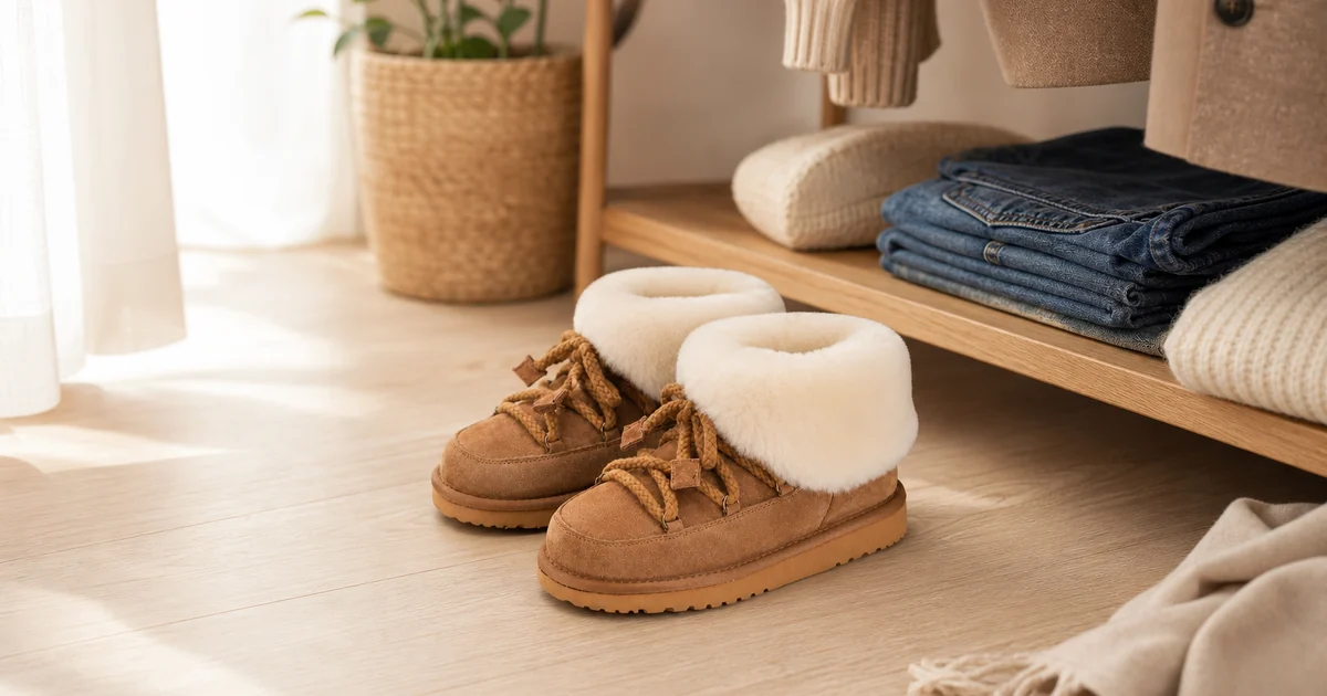 Botines color chestnut de ante con cuello sheepskin claro, cordones de algodon y puntera redonda cosida