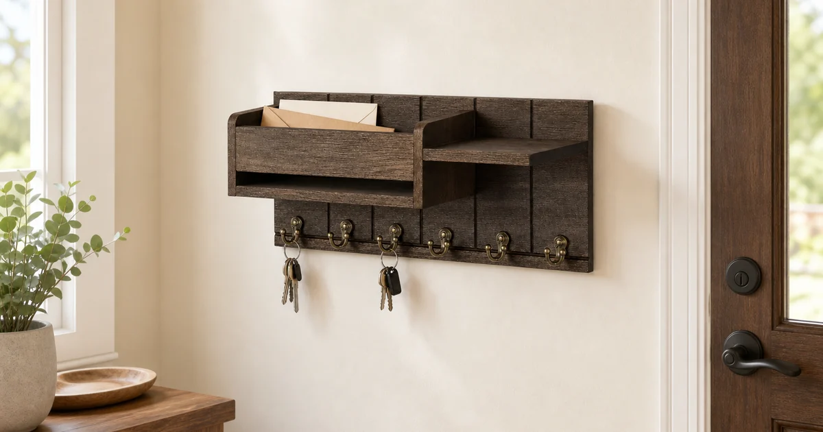 Dark wood wall key and mail organizer with six brass hooks mounted near an entry door