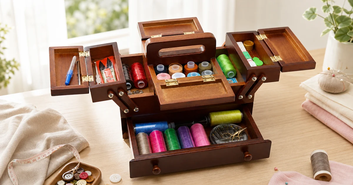 Boîte à couture en bois ouverte avec plateaux, tiroirs et bobines colorées