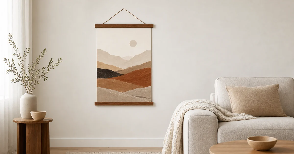 Brauner Holz-Magnetposterhalter mit flexiblem Kunstdruck an einer ruhigen Wohnzimmerwand