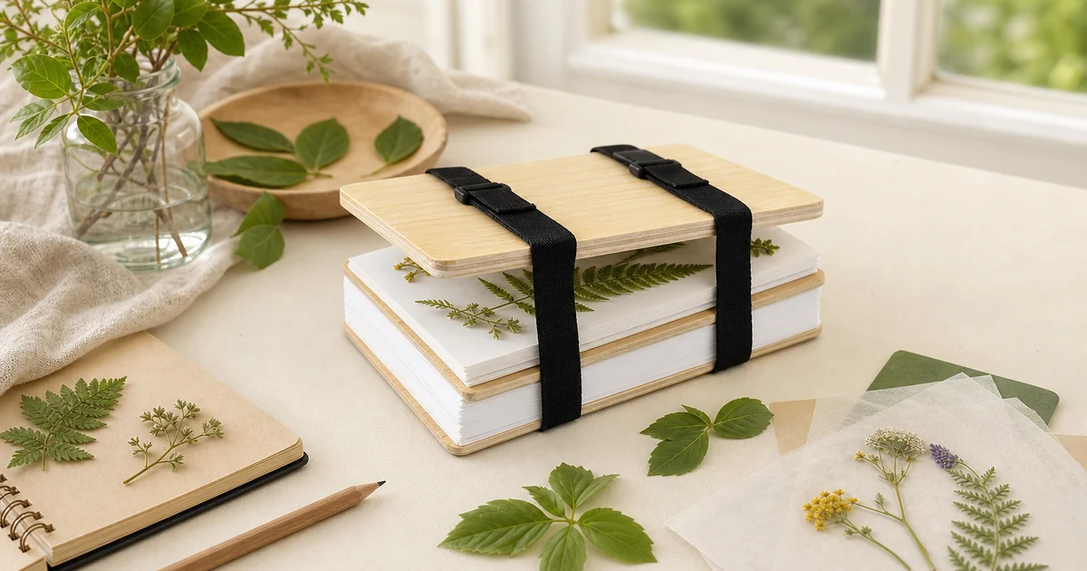 Presse à plantes en bois avec feuilles blanches, sangles noires et feuillage sur bureau créatif
