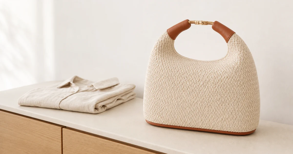 bolsa hobo meia lua tramada com corpo creme e alca marrom revestida
