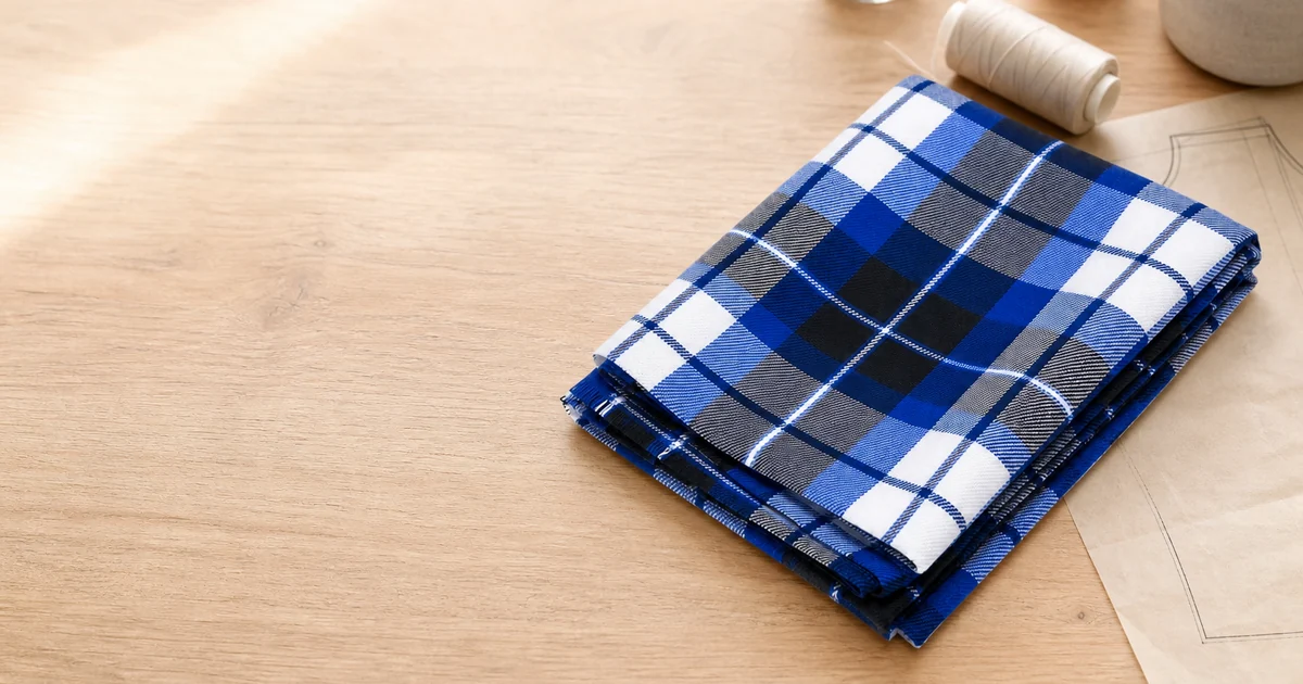 Tela escocesa tejida doblada en mesa de trabajo con cuadros azul negro blanco y textura visible