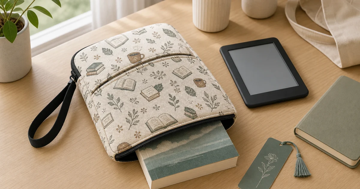 Custodia beige in tessuto per libro con zip nera, laccetto, libro ed e-reader
